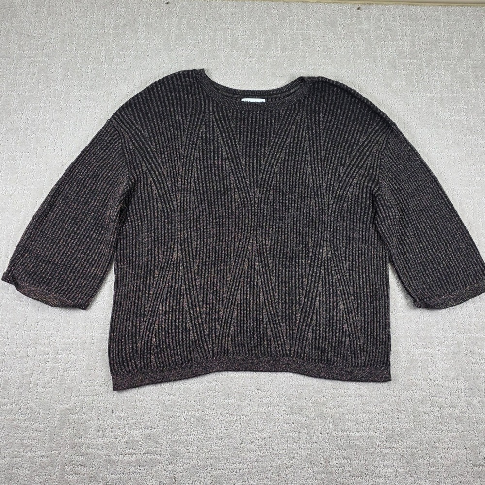 Ava & Viv Womens 1X Black Copper Metallic Ribbed Knit 3/4 Sleeve Sweater Boxy
